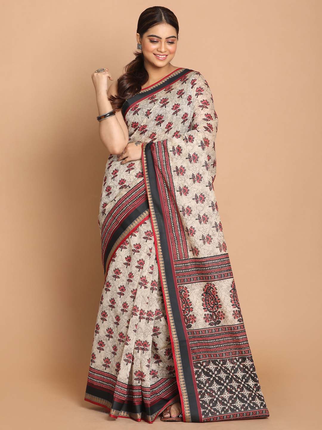 Indethnic Printed Cotton Blend Saree in Black - View 1