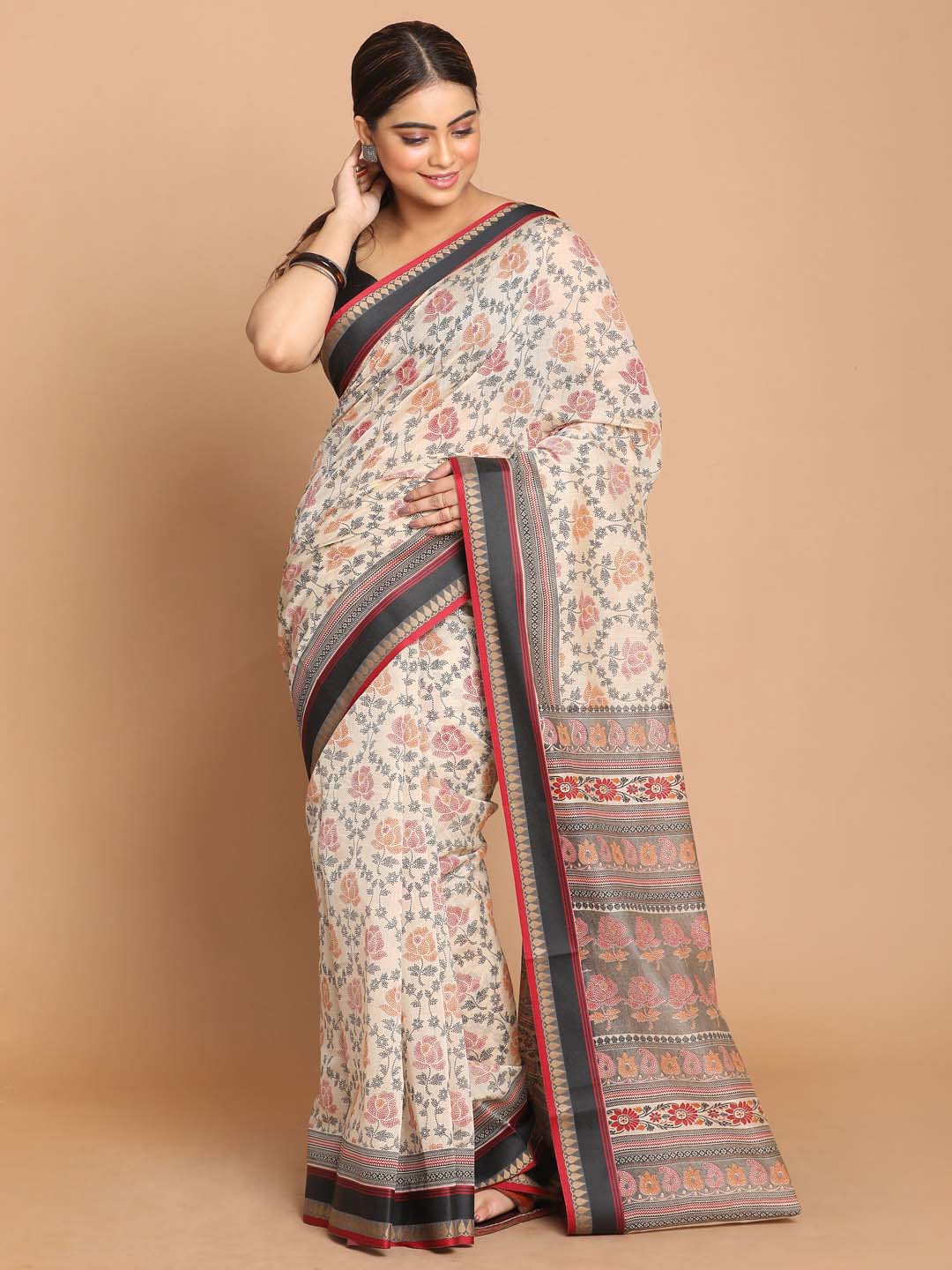 Indethnic Printed Cotton Blend Saree in Black - View 1