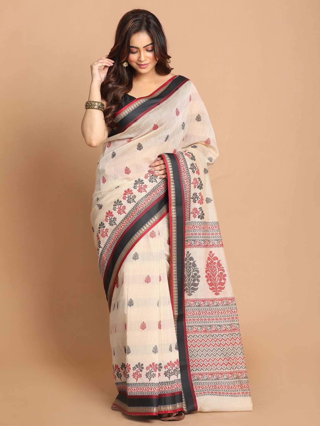 Indethnic Printed Cotton Blend Saree in Black - View 1