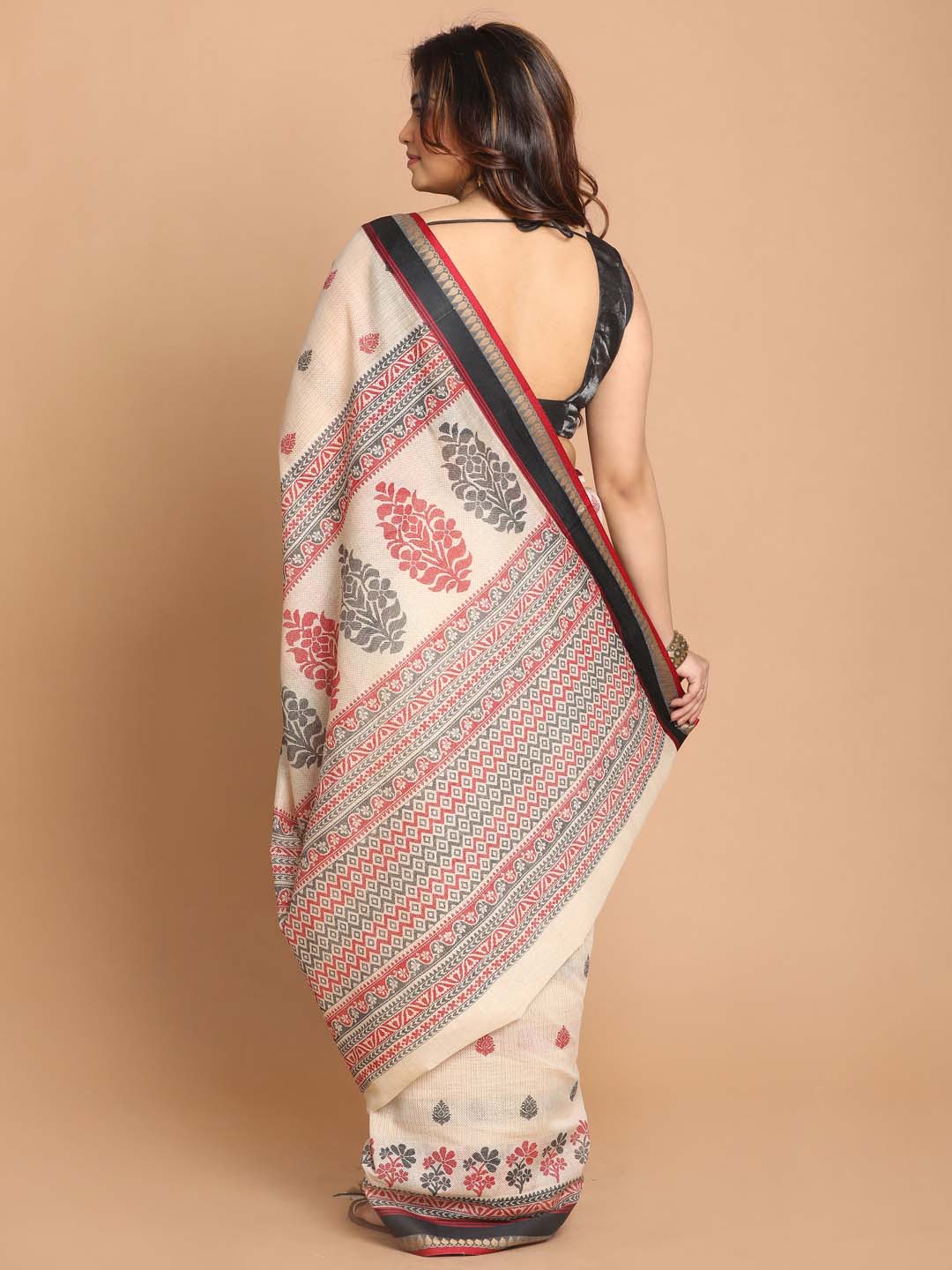 Indethnic Printed Cotton Blend Saree in Black - View 3