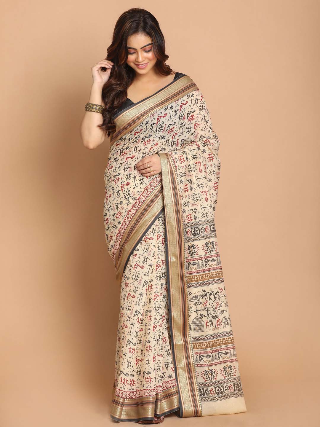 Indethnic Printed Cotton Blend Saree in Black - View 1