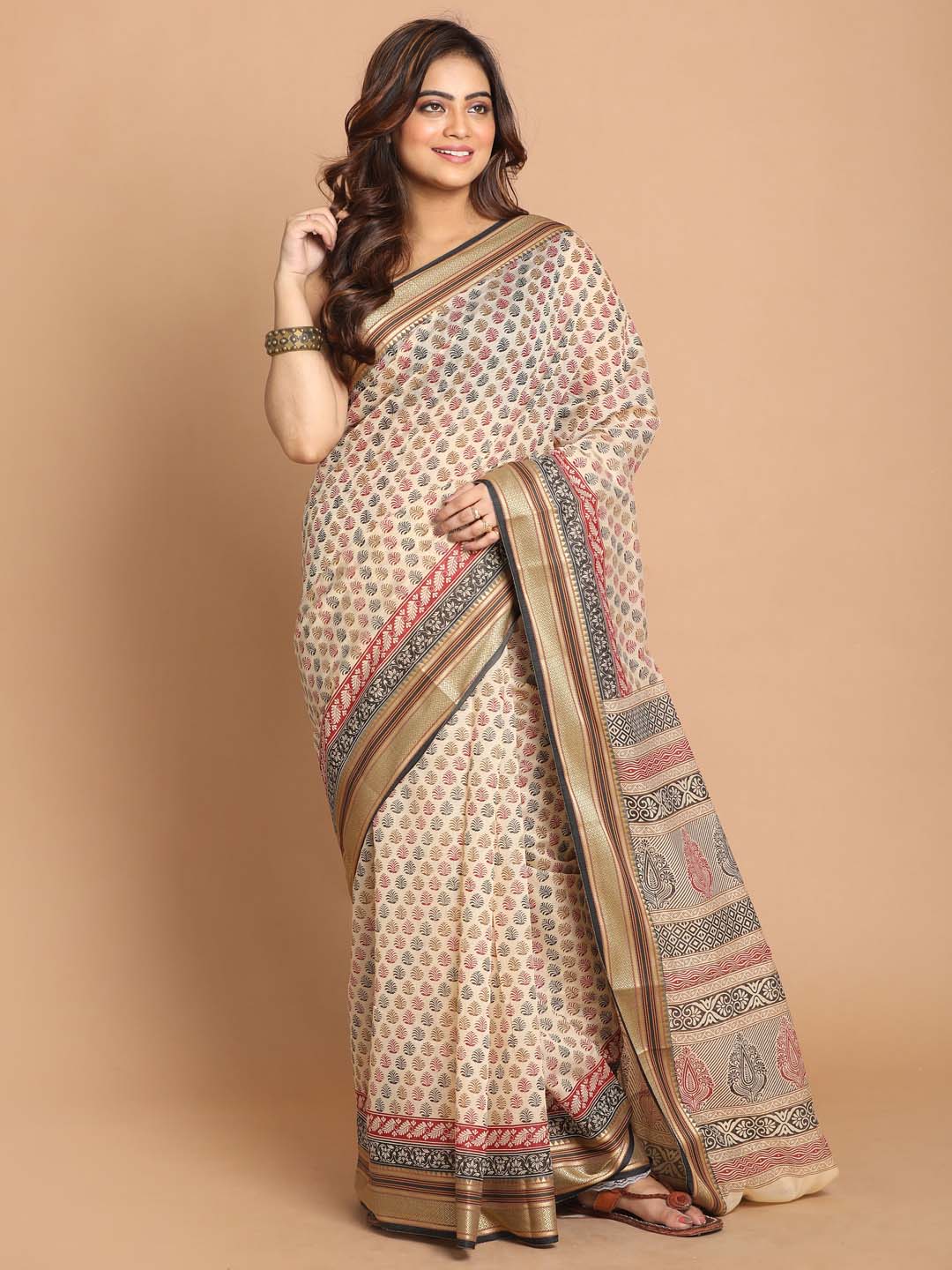 Indethnic Printed Cotton Blend Saree in Black - View 1