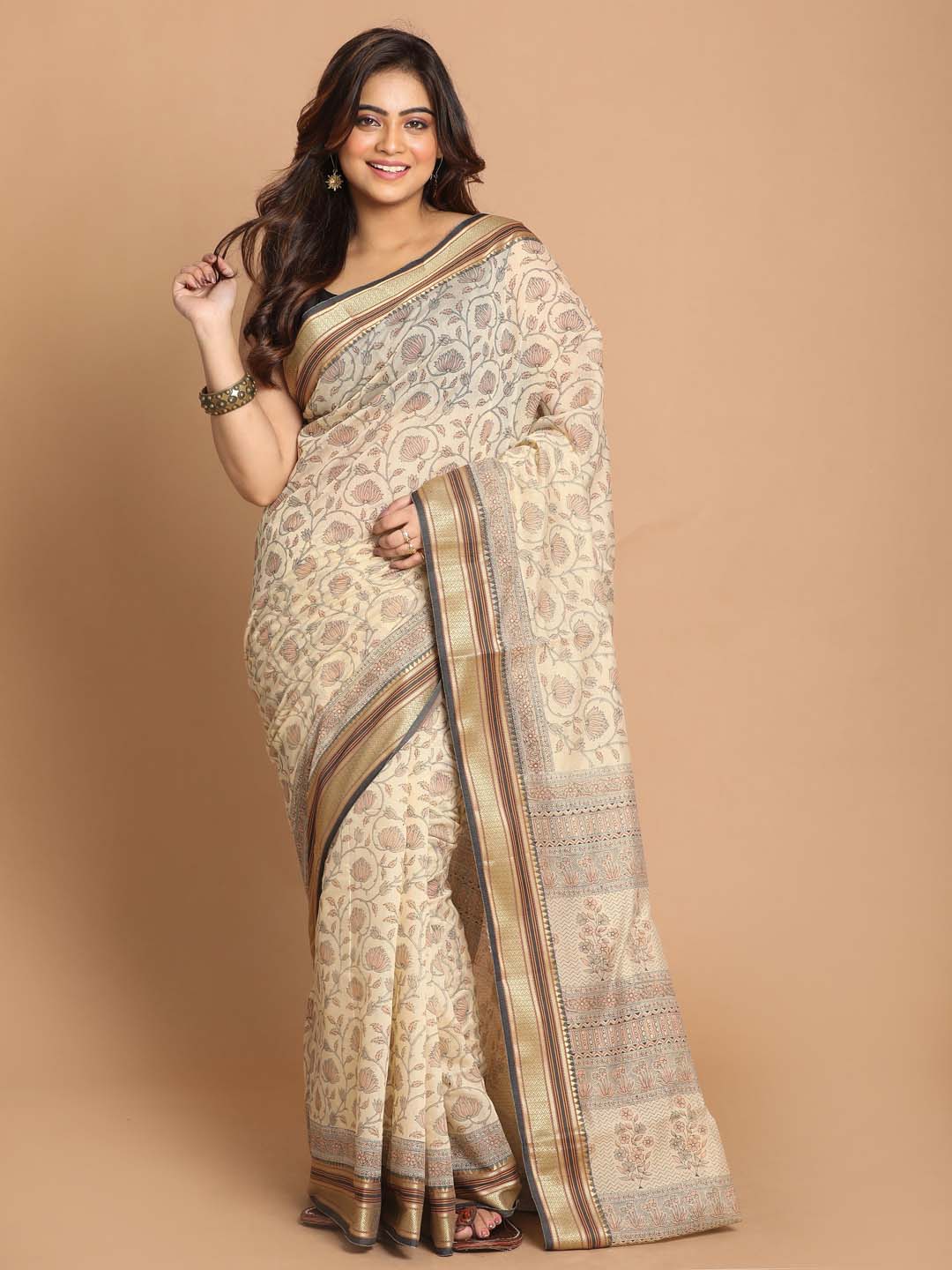 Indethnic Printed Cotton Blend Saree in Black - View 1