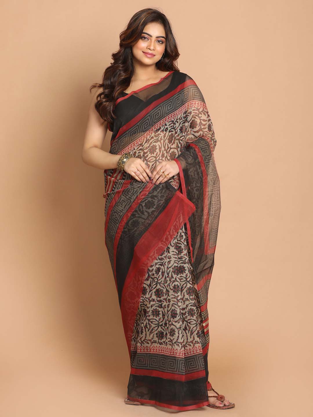 Indethnic Printed Cotton Blend Saree in Black - View 1