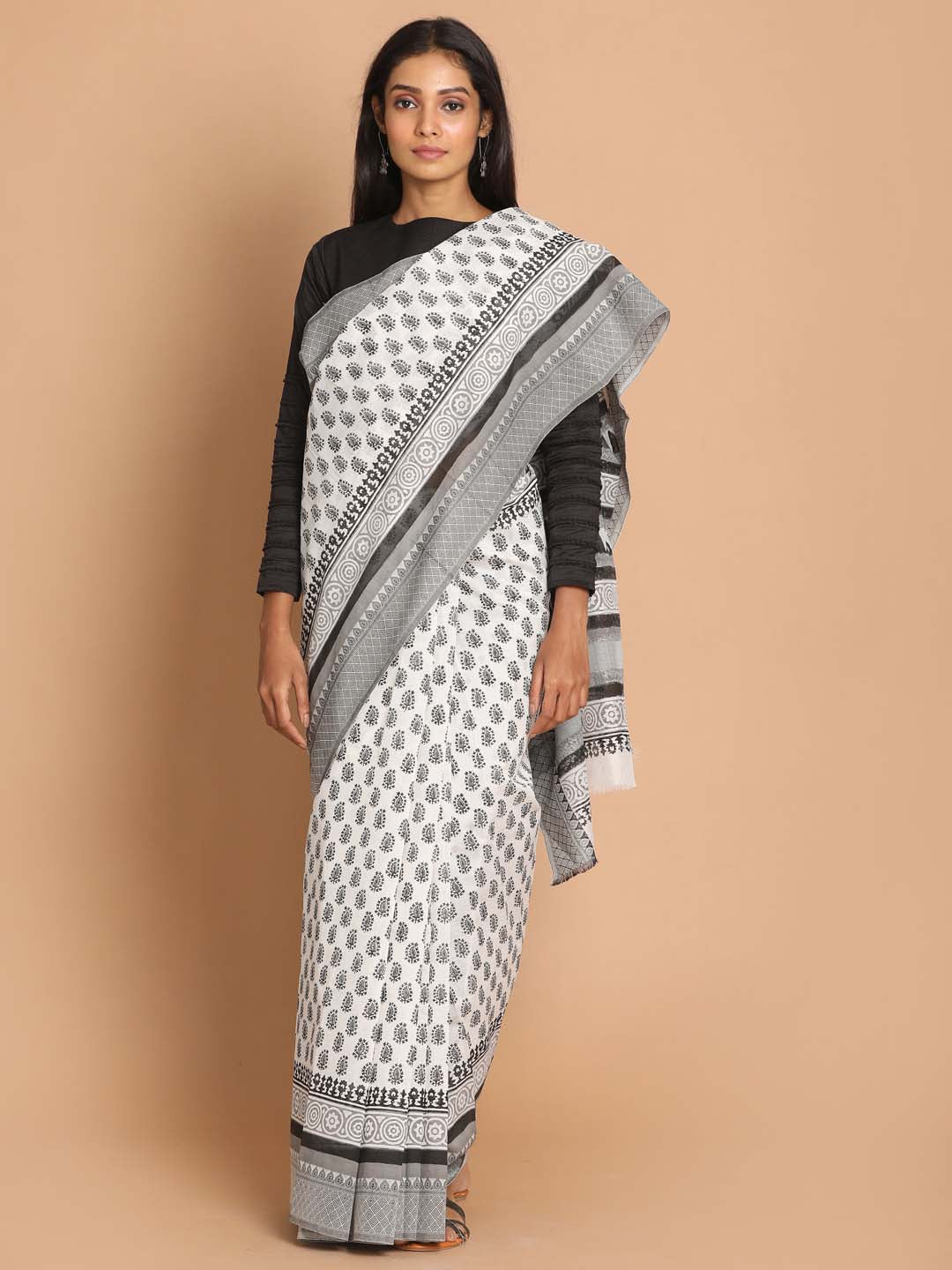 Indethnic Printed Cotton Blend Saree in Black - View 1