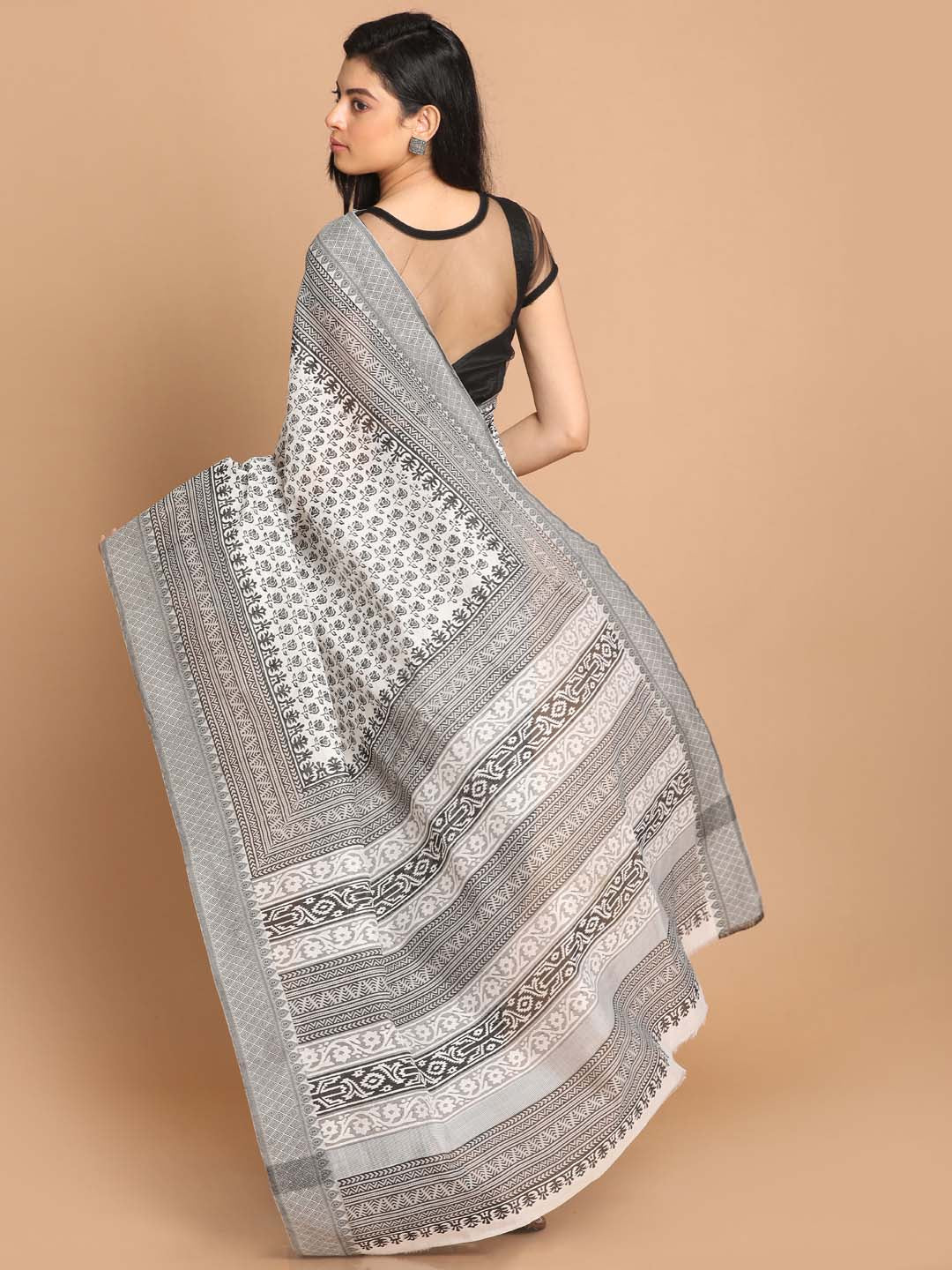 Indethnic Printed Cotton Blend Saree in Black - View 3