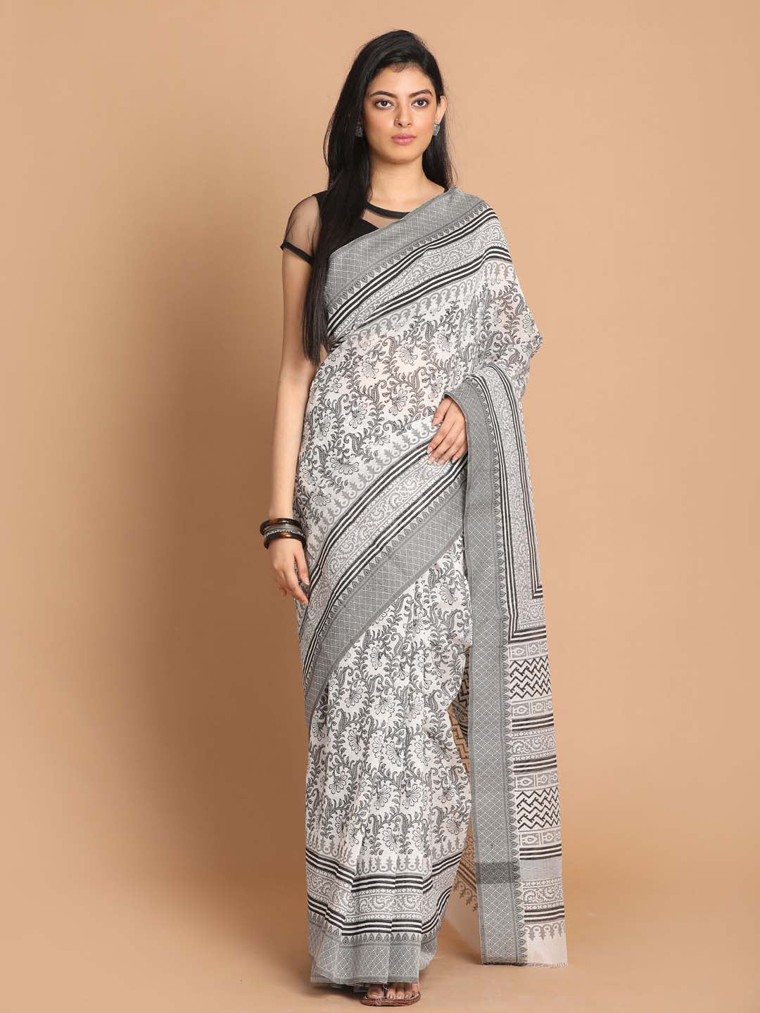 Indethnic Printed Cotton Blend Saree in Black - View 1