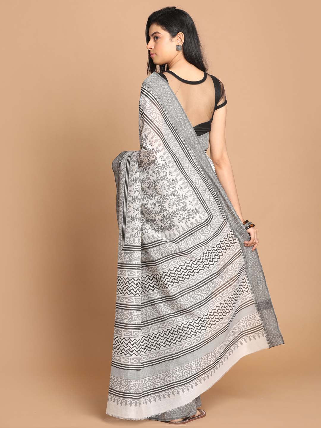 Indethnic Printed Cotton Blend Saree in Black - View 3