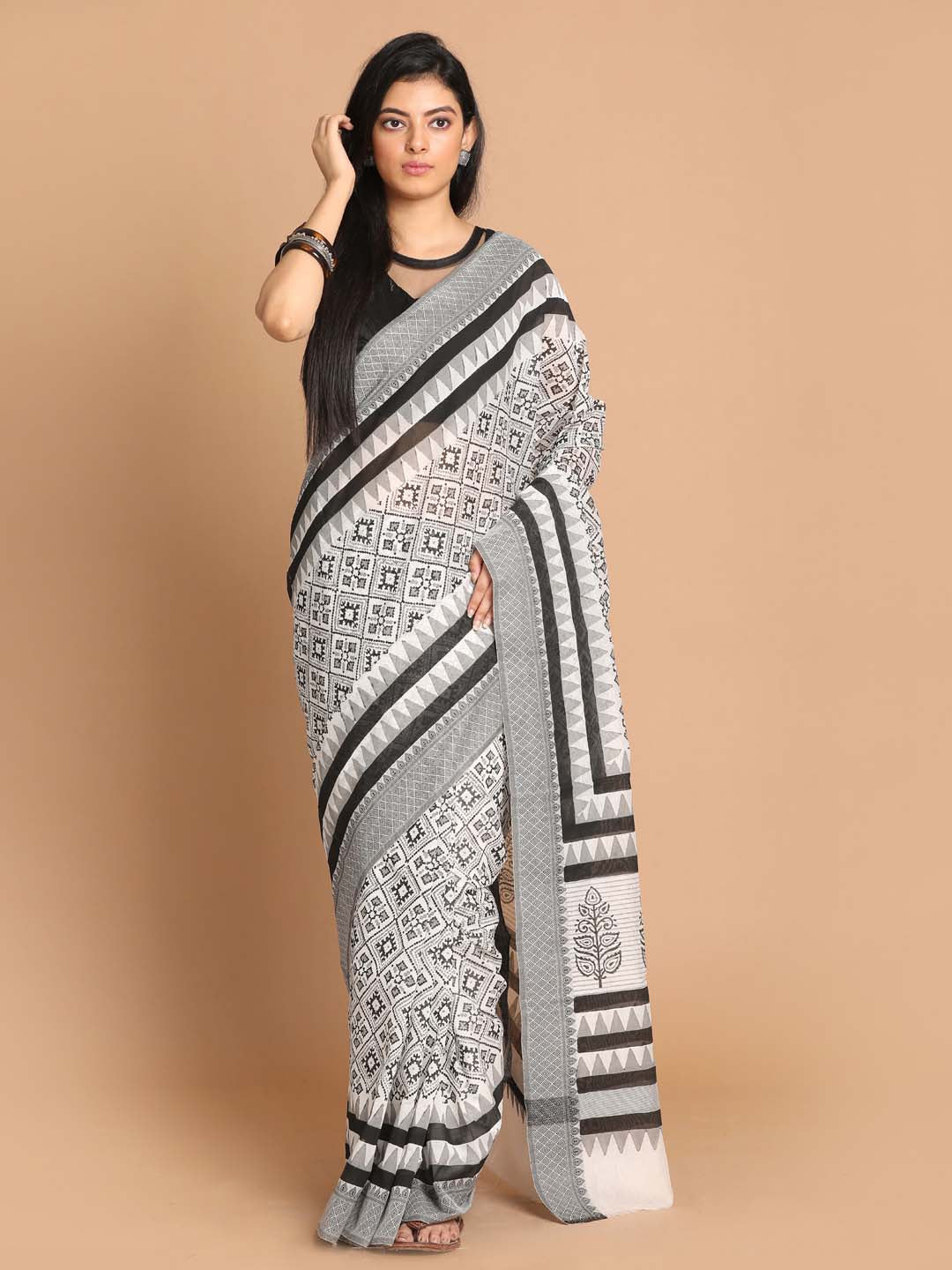 Indethnic Printed Cotton Blend Saree in Black - View 1