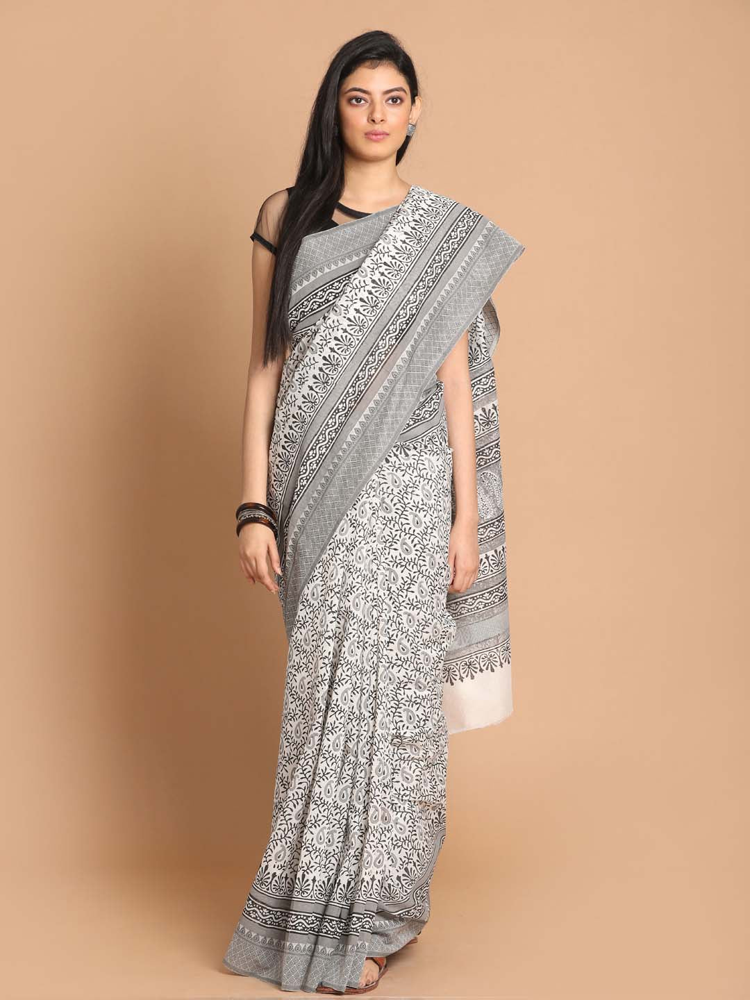 Indethnic Printed Cotton Blend Saree in Black - View 1