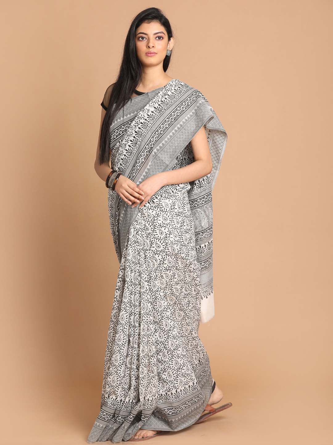 Indethnic Printed Cotton Blend Saree in Black - View 2