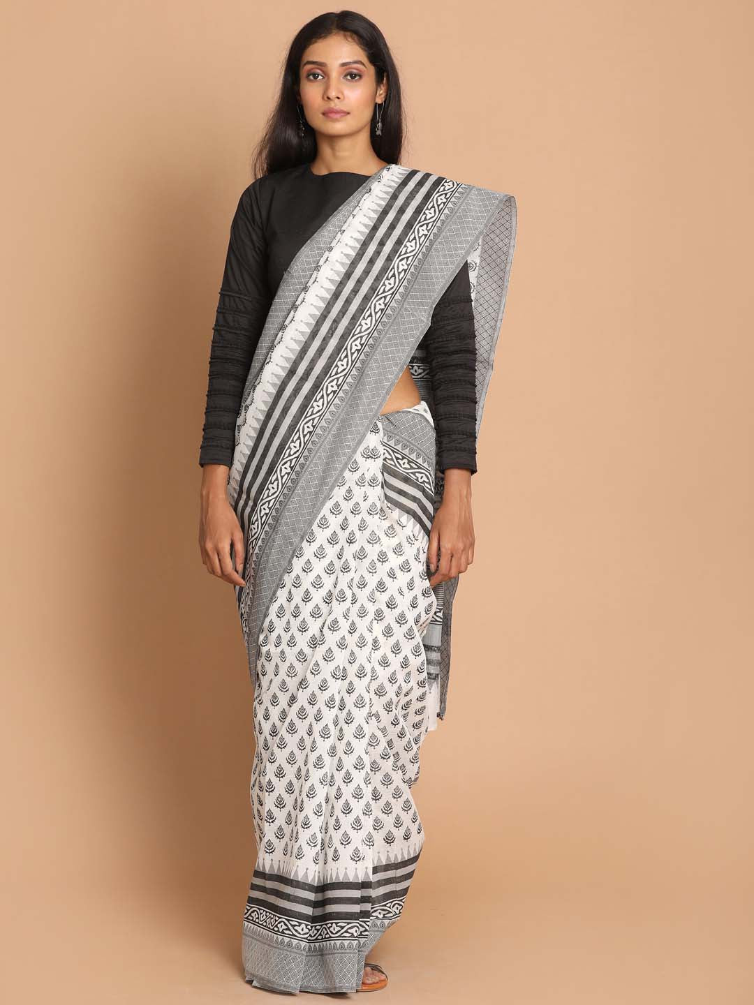 Indethnic Printed Cotton Blend Saree in Black - View 1