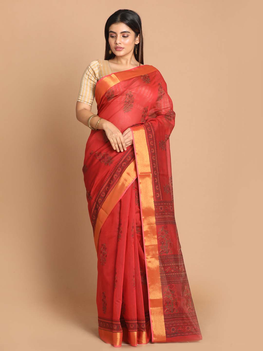 Indethnic Printed Cotton Blend Saree in Red - View 1