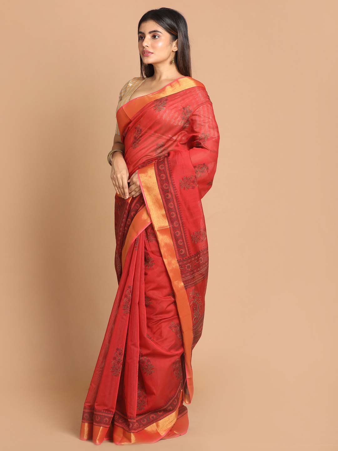 Indethnic Printed Cotton Blend Saree in Red - View 2