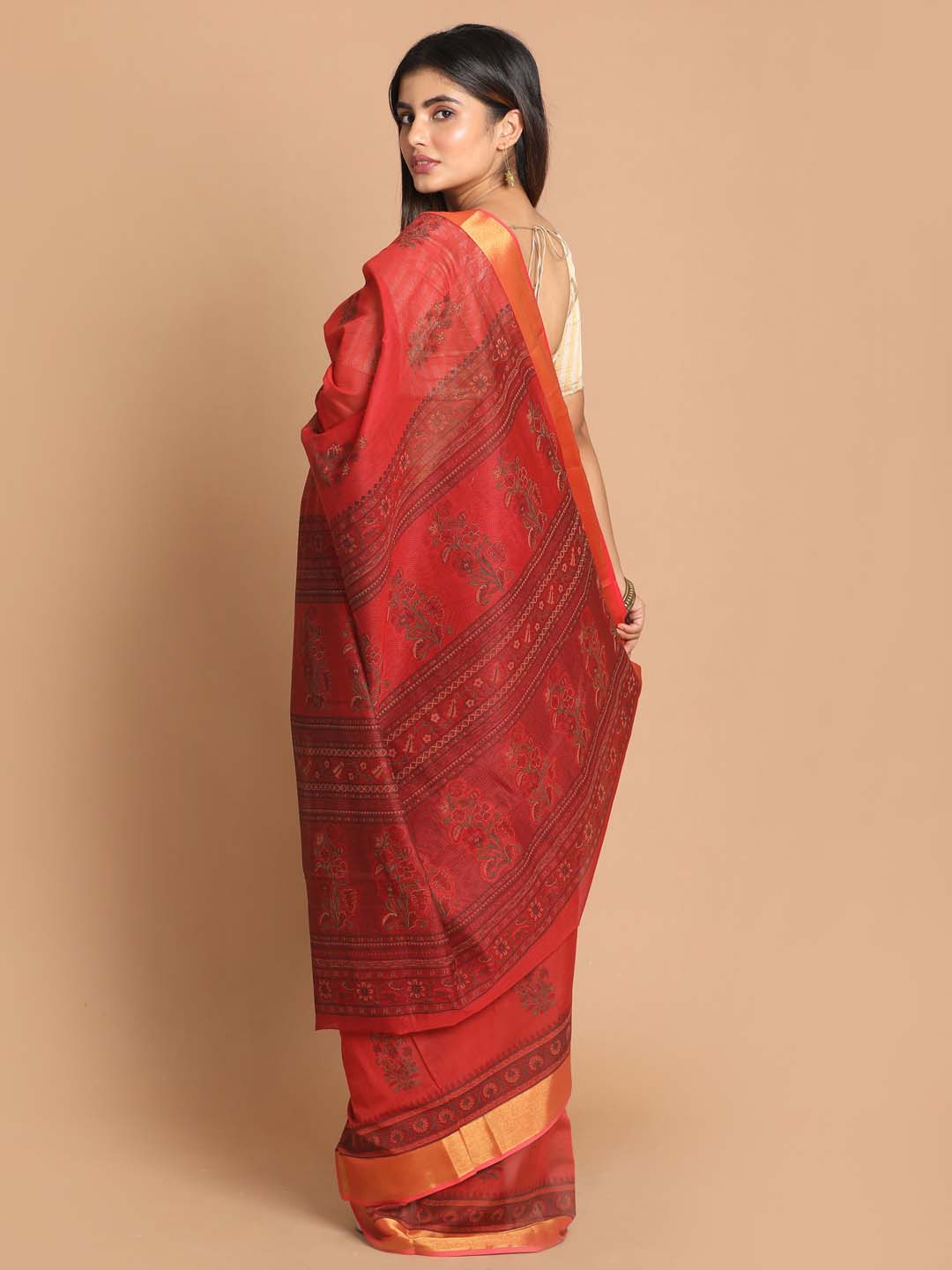 Indethnic Printed Cotton Blend Saree in Red - View 3