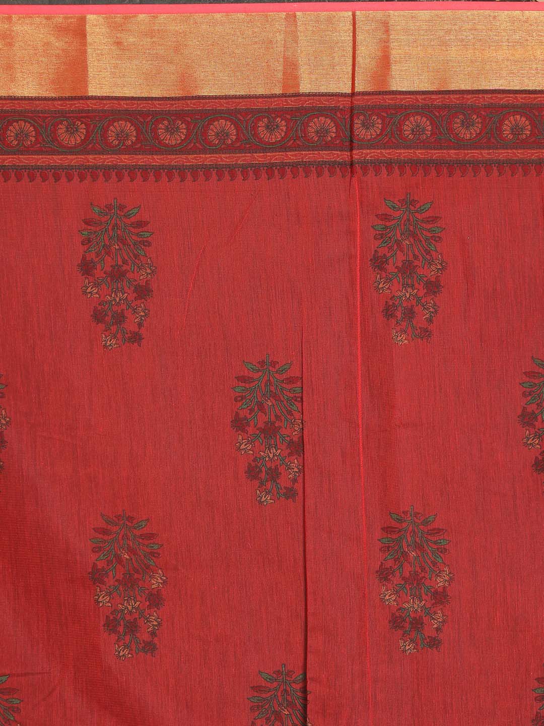 Indethnic Printed Cotton Blend Saree in Red - Saree Detail View