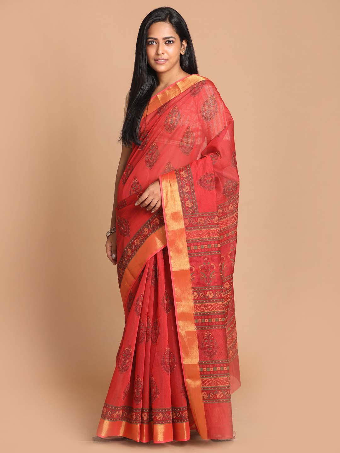 Indethnic Printed Cotton Blend Saree in Red - View 1