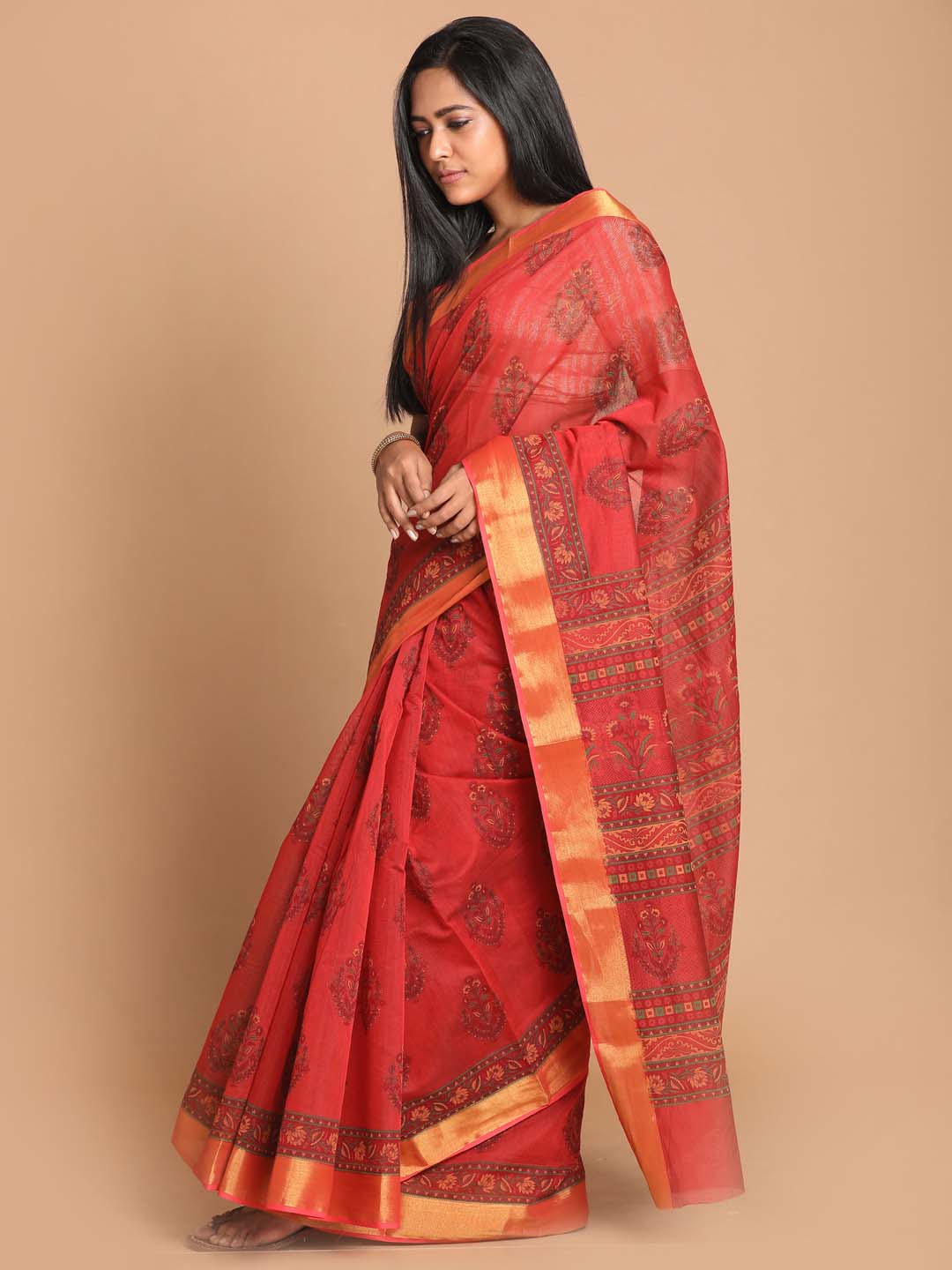 Indethnic Printed Cotton Blend Saree in Red - View 2