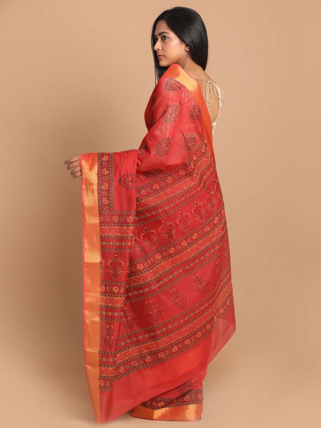 Indethnic Printed Cotton Blend Saree in Red - View 3