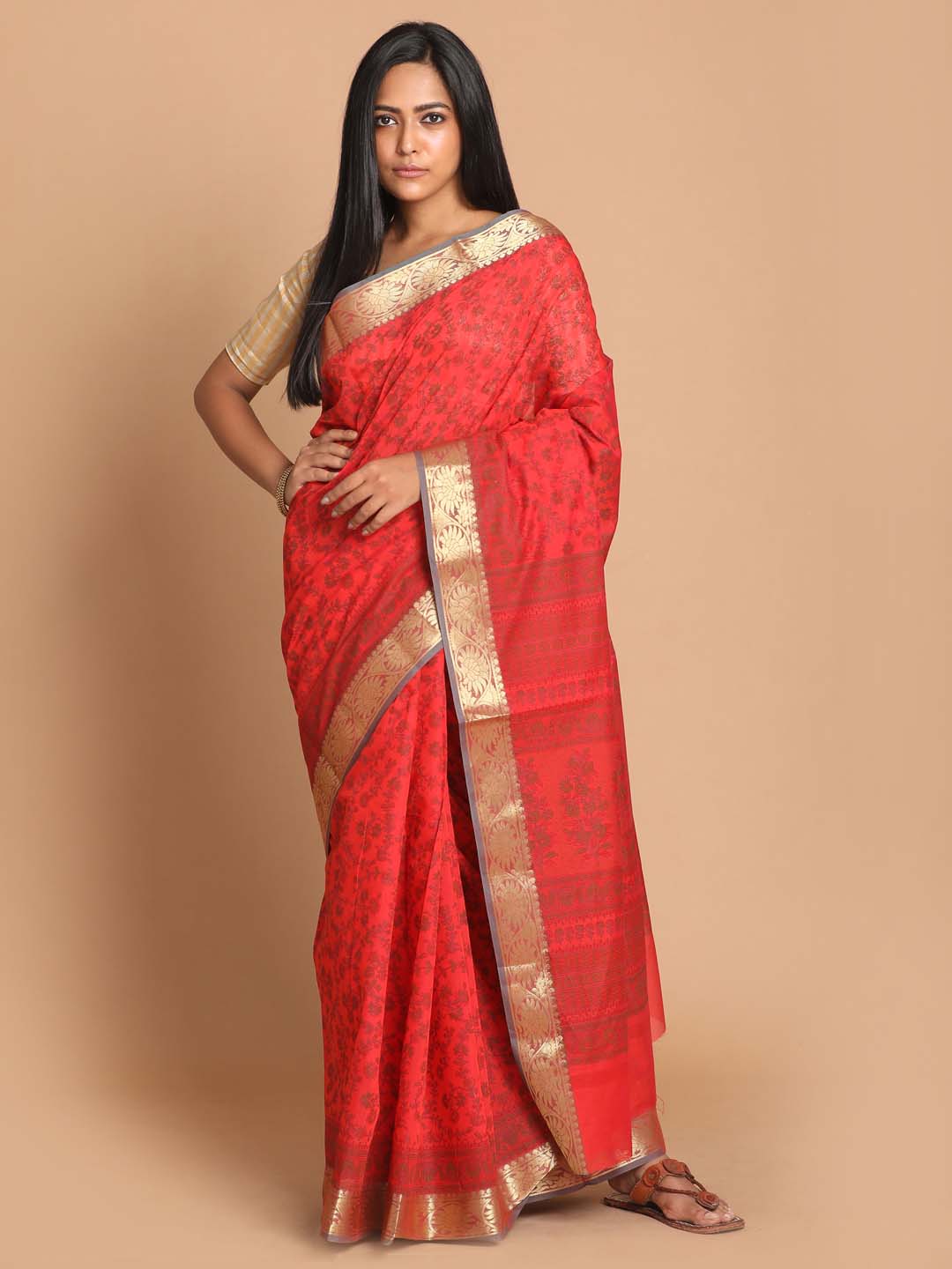 Indethnic Printed Cotton Blend Saree in Red - View 1