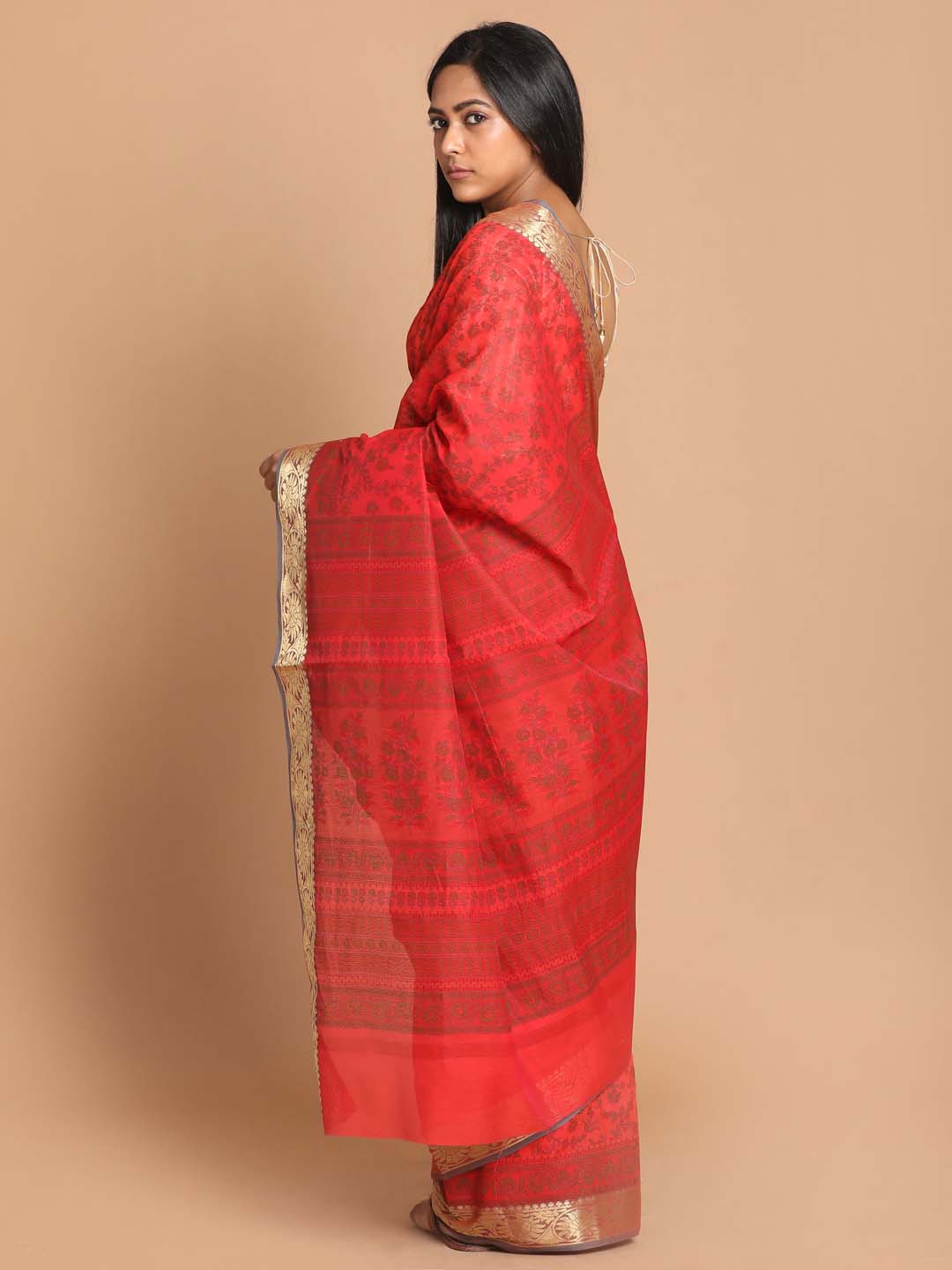Indethnic Printed Cotton Blend Saree in Red - View 3