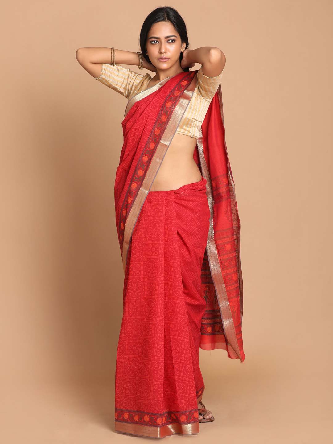 Indethnic Printed Cotton Blend Saree in Red - View 1