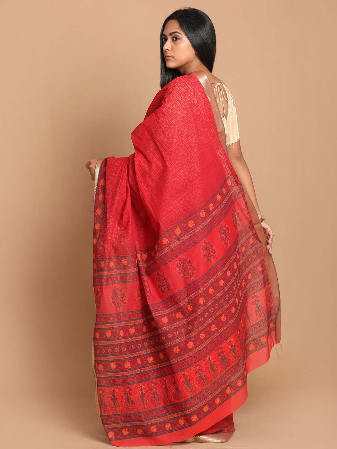 Indethnic Printed Cotton Blend Saree in Red - View 3