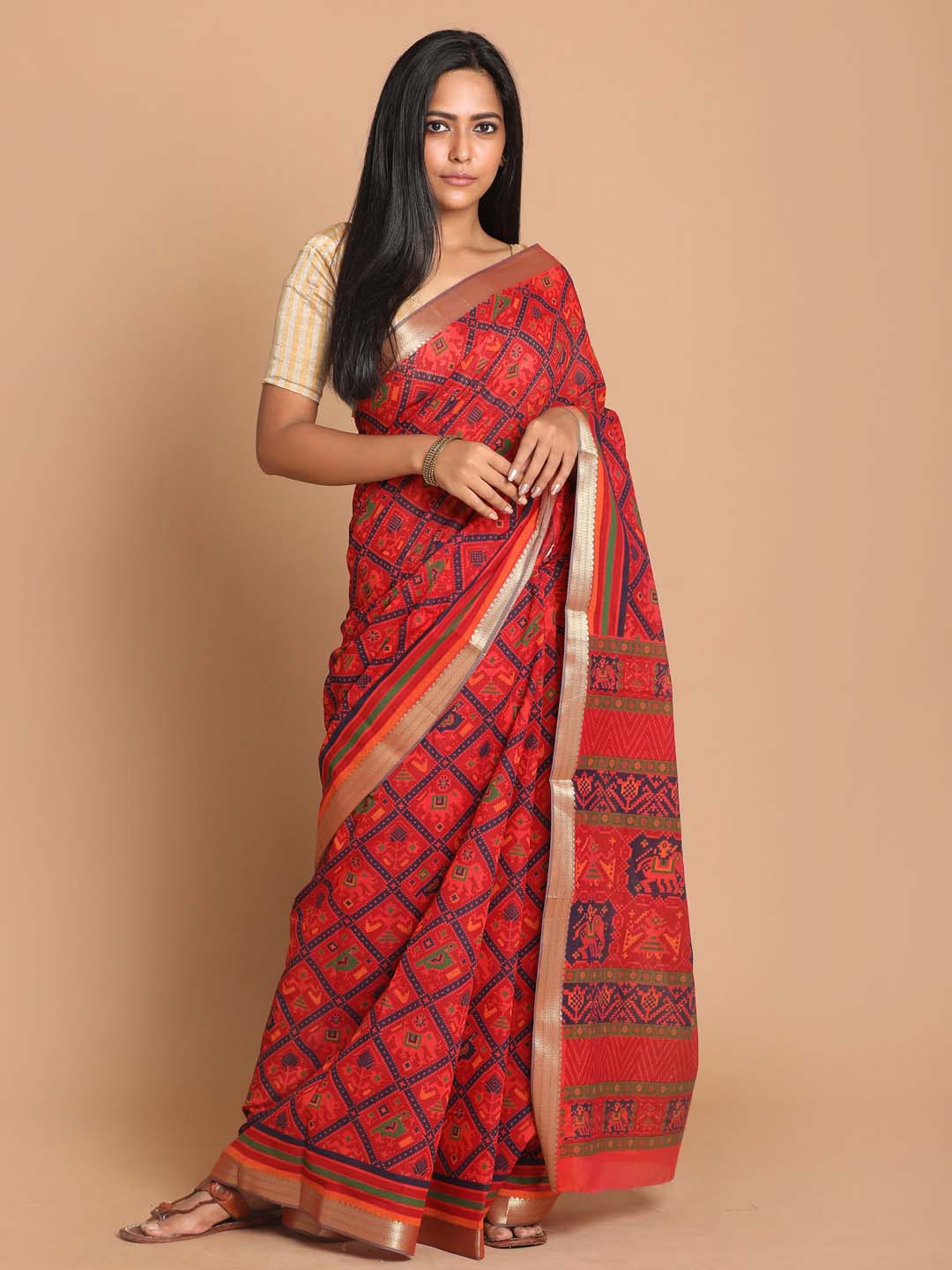 Indethnic Printed Cotton Blend Saree in Red - View 1