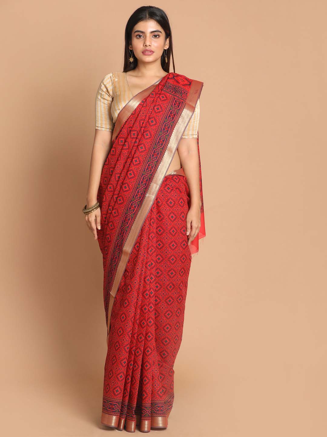 Indethnic Printed Cotton Blend Saree in Red - View 1