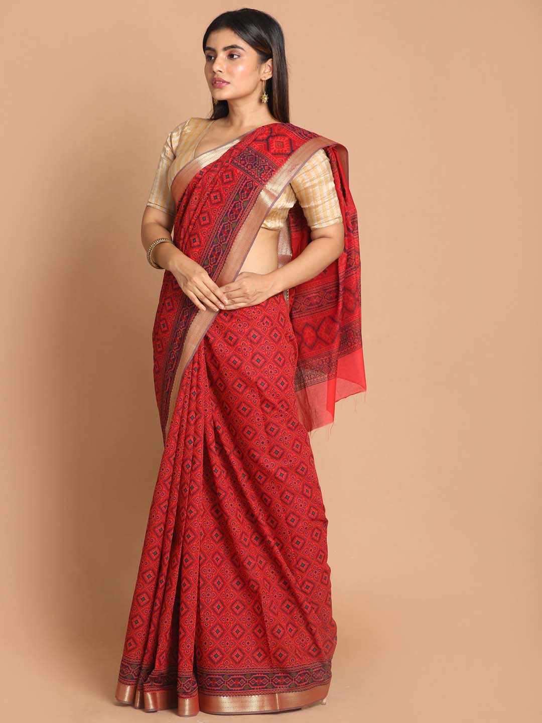 Indethnic Printed Cotton Blend Saree in Red - View 1