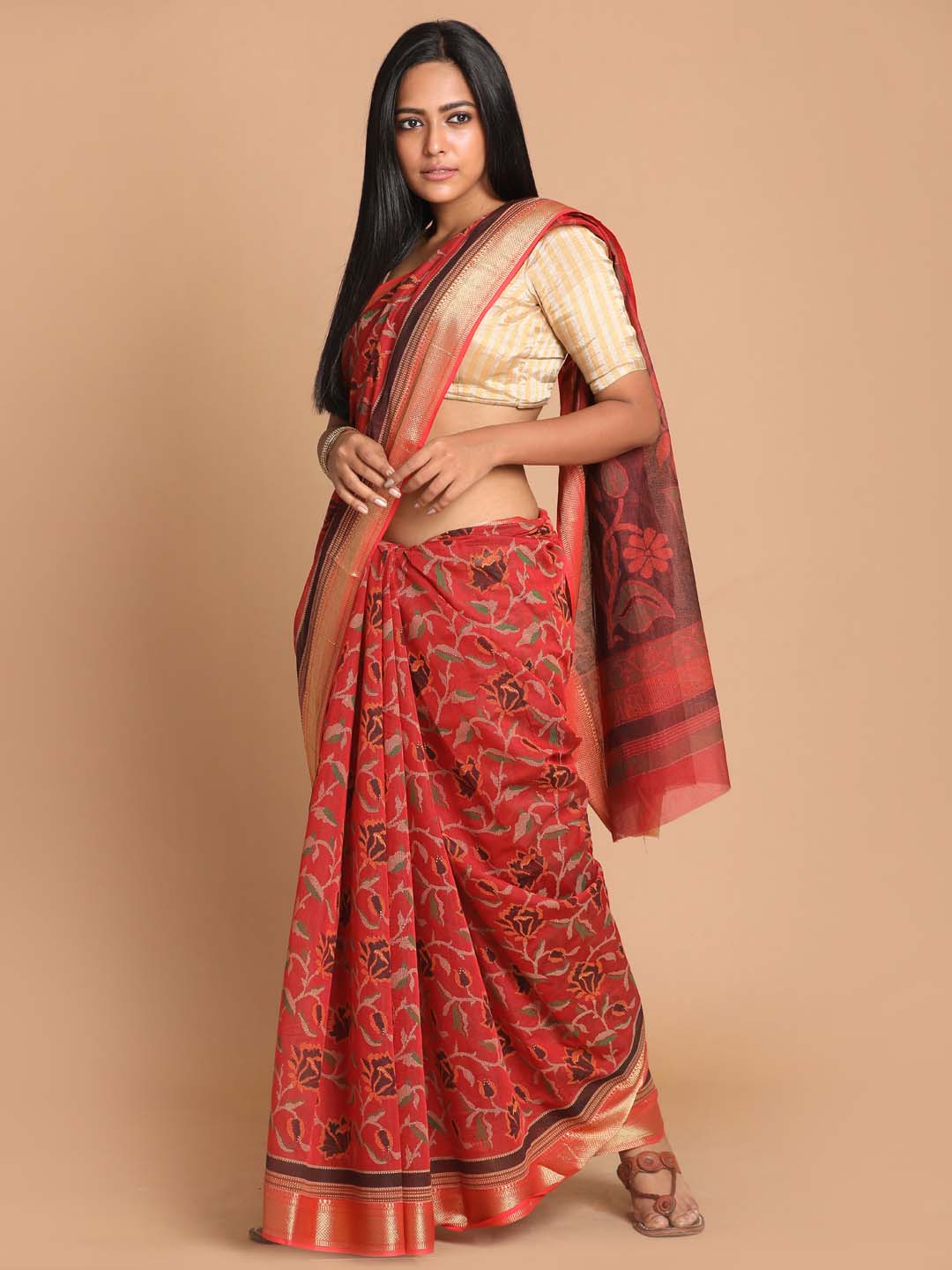 Indethnic Printed Cotton Blend Saree in Red - View 1