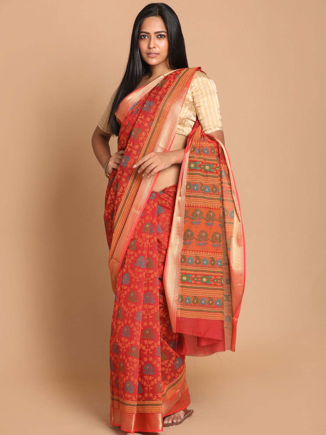 Indethnic Printed Cotton Blend Saree in Red - View 1