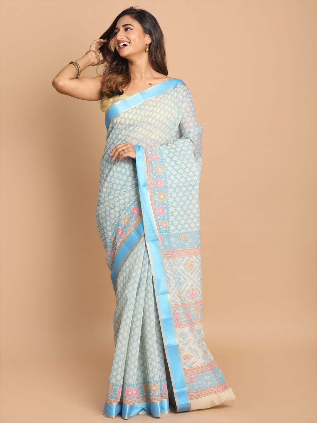 Indethnic Printed Cotton Blend Saree in Blue - View 1