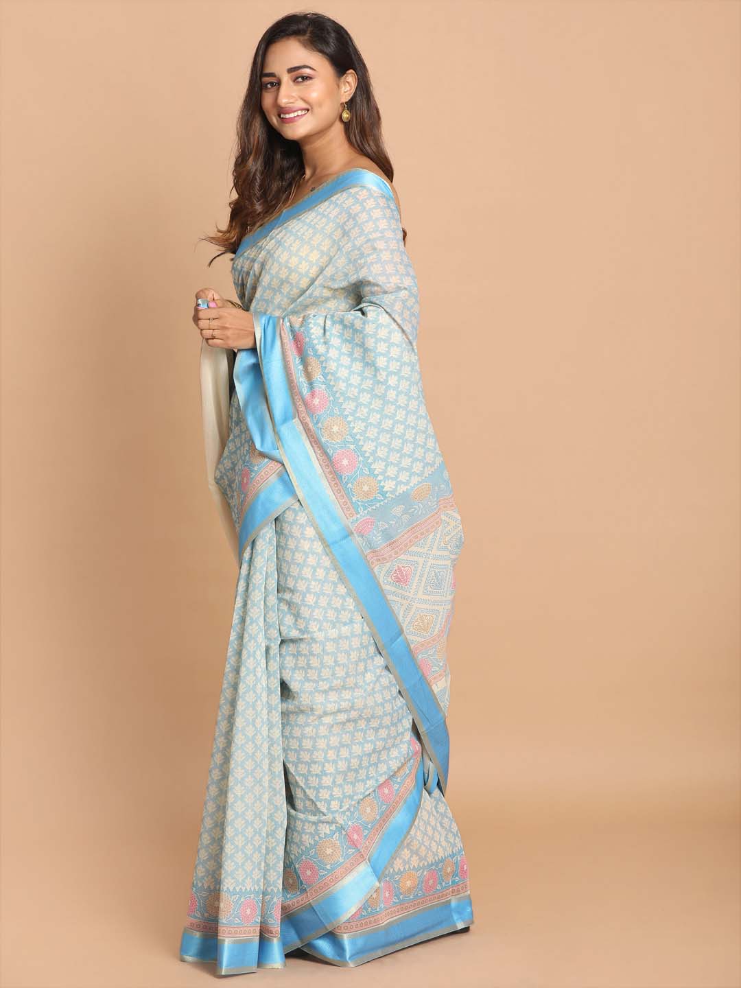 Indethnic Printed Cotton Blend Saree in Blue - View 2