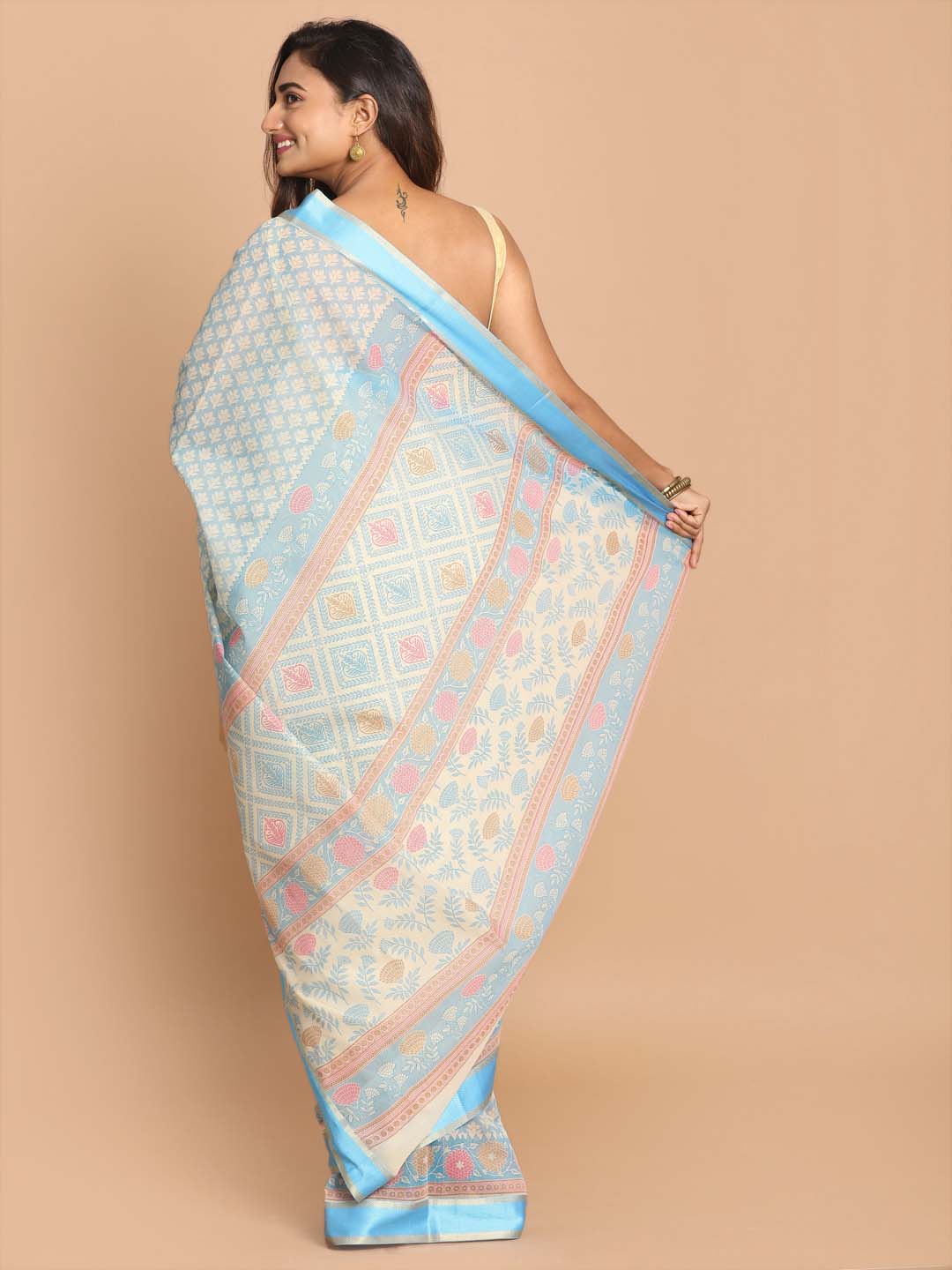 Indethnic Printed Cotton Blend Saree in Blue - View 3