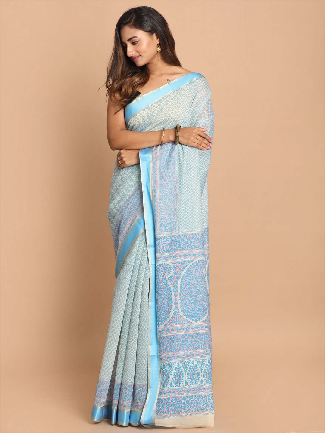 Indethnic Printed Cotton Blend Saree in Blue - View 1