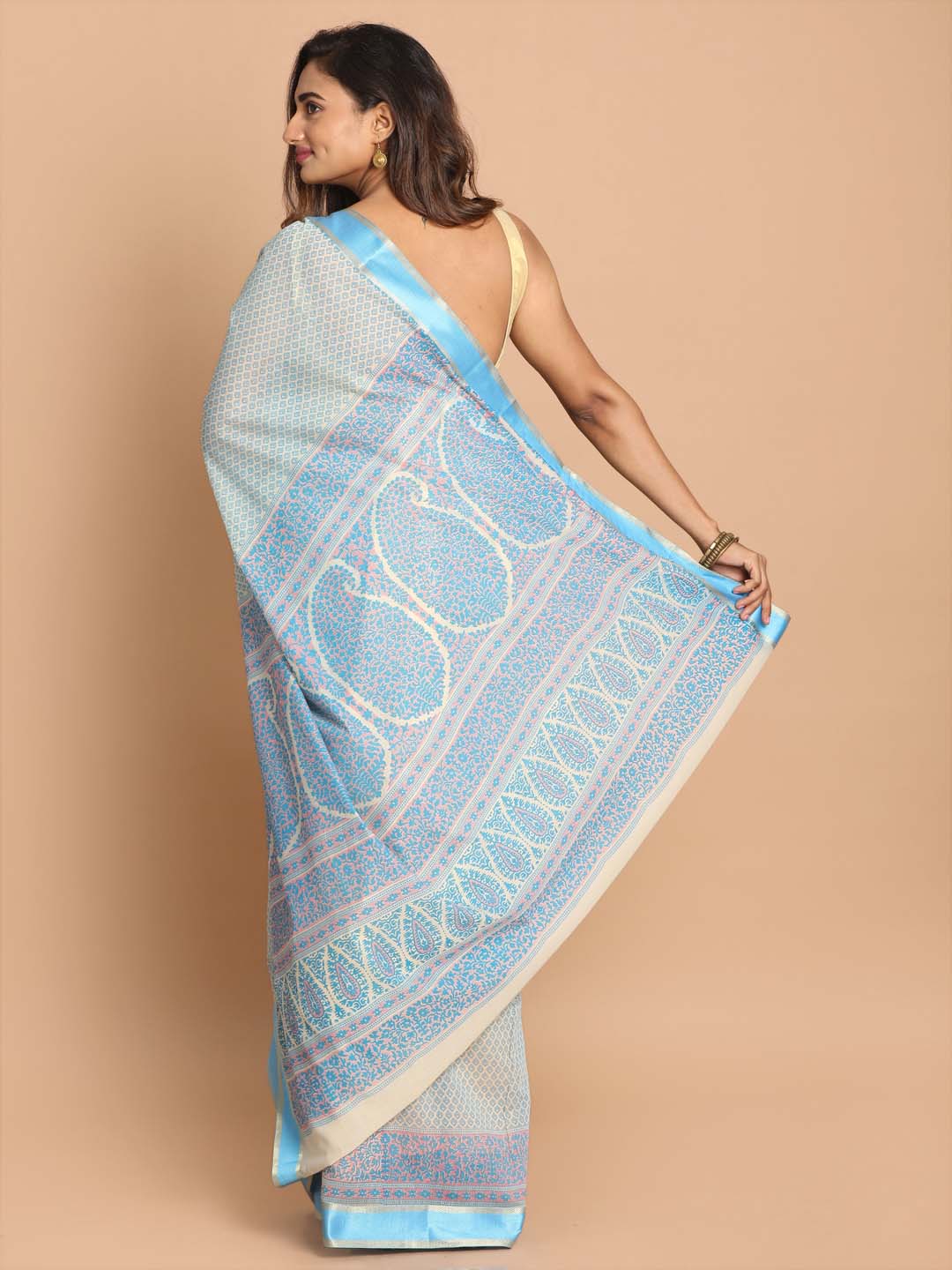 Indethnic Printed Cotton Blend Saree in Blue - View 3