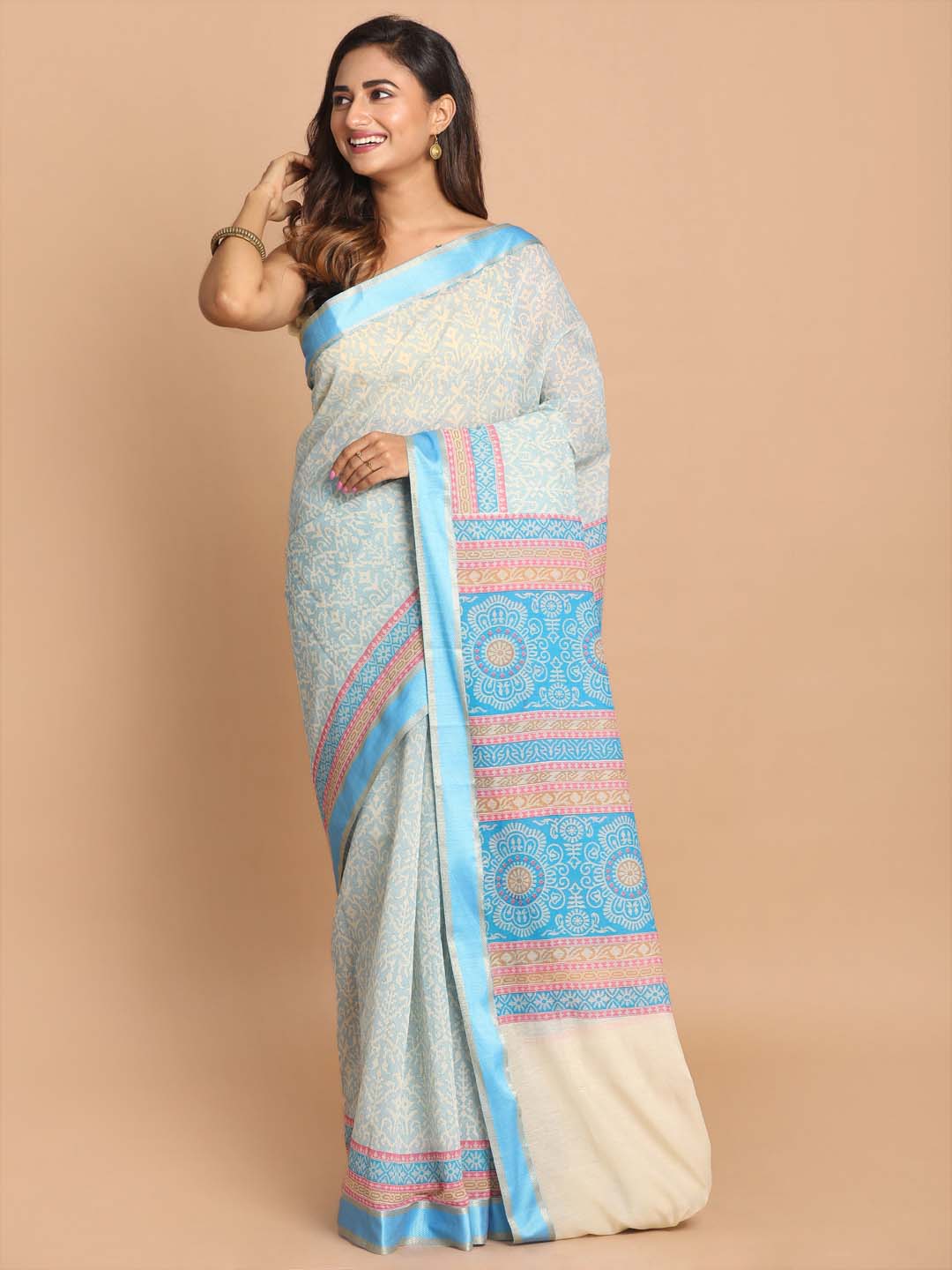 Indethnic Printed Cotton Blend Saree in Blue - View 1