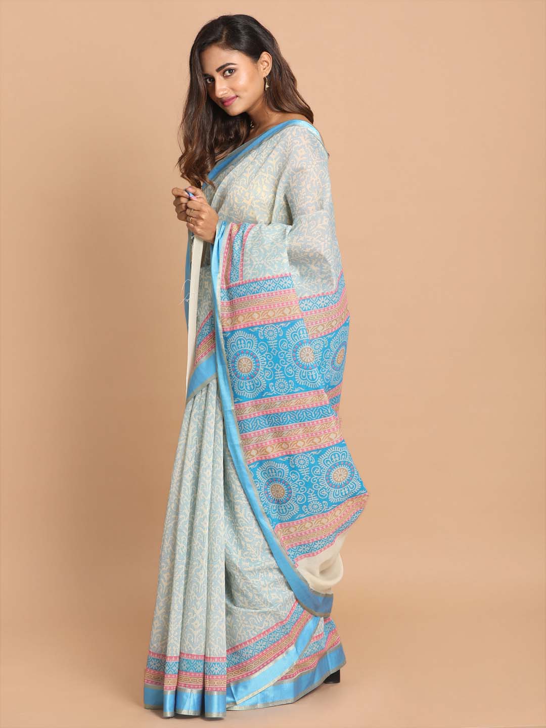 Indethnic Printed Cotton Blend Saree in Blue - View 2