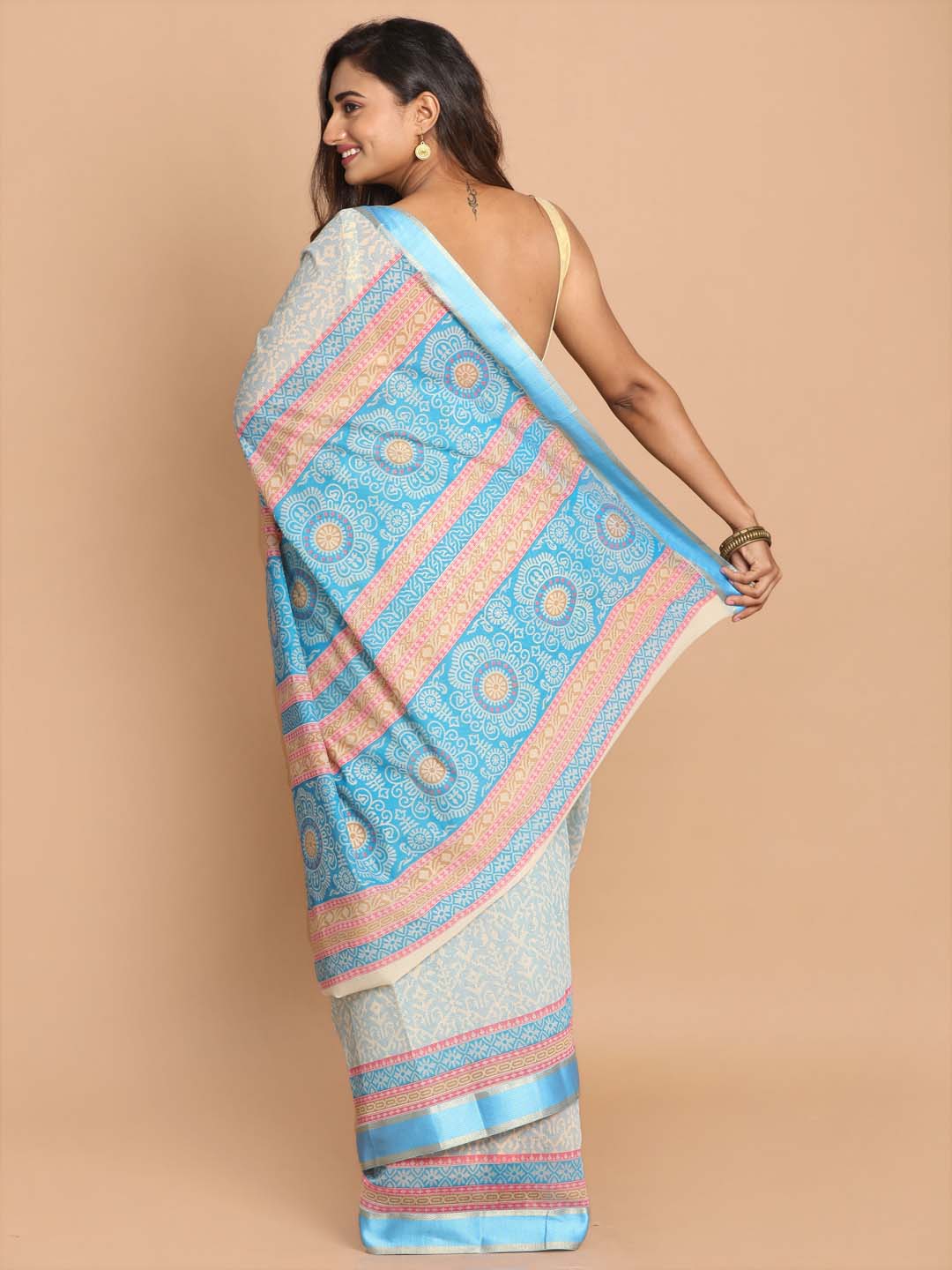 Indethnic Printed Cotton Blend Saree in Blue - View 3