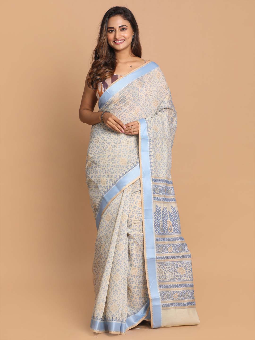 Indethnic Printed Cotton Blend Saree in Blue - View 1