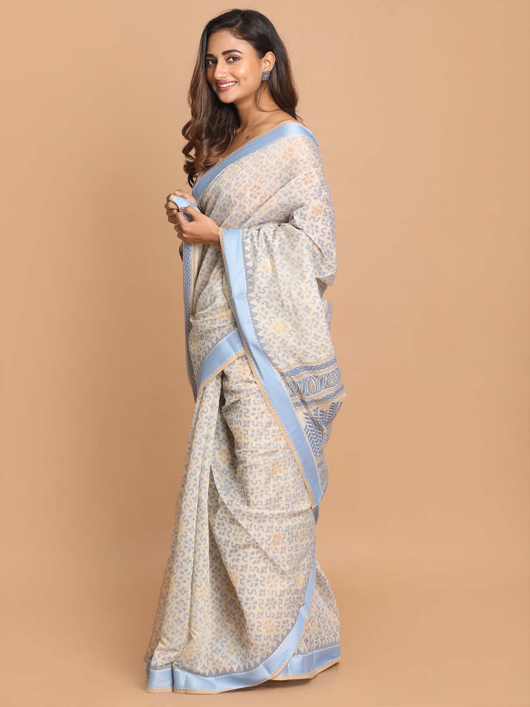 Indethnic Printed Cotton Blend Saree in Blue - View 2