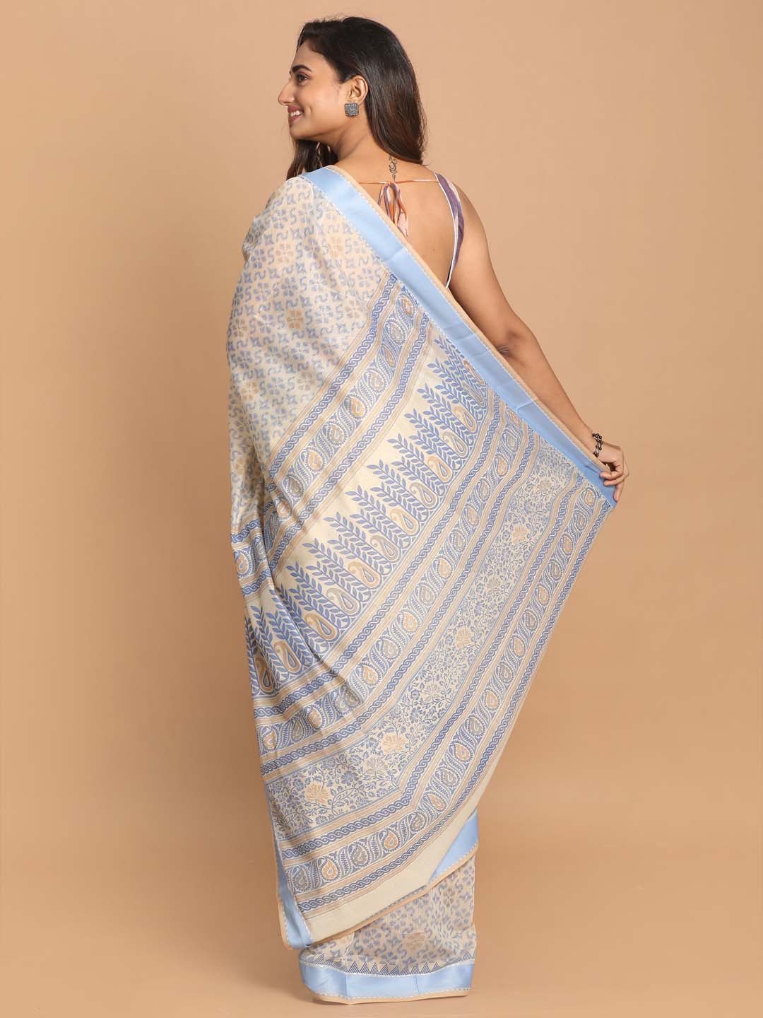 Indethnic Printed Cotton Blend Saree in Blue - View 3