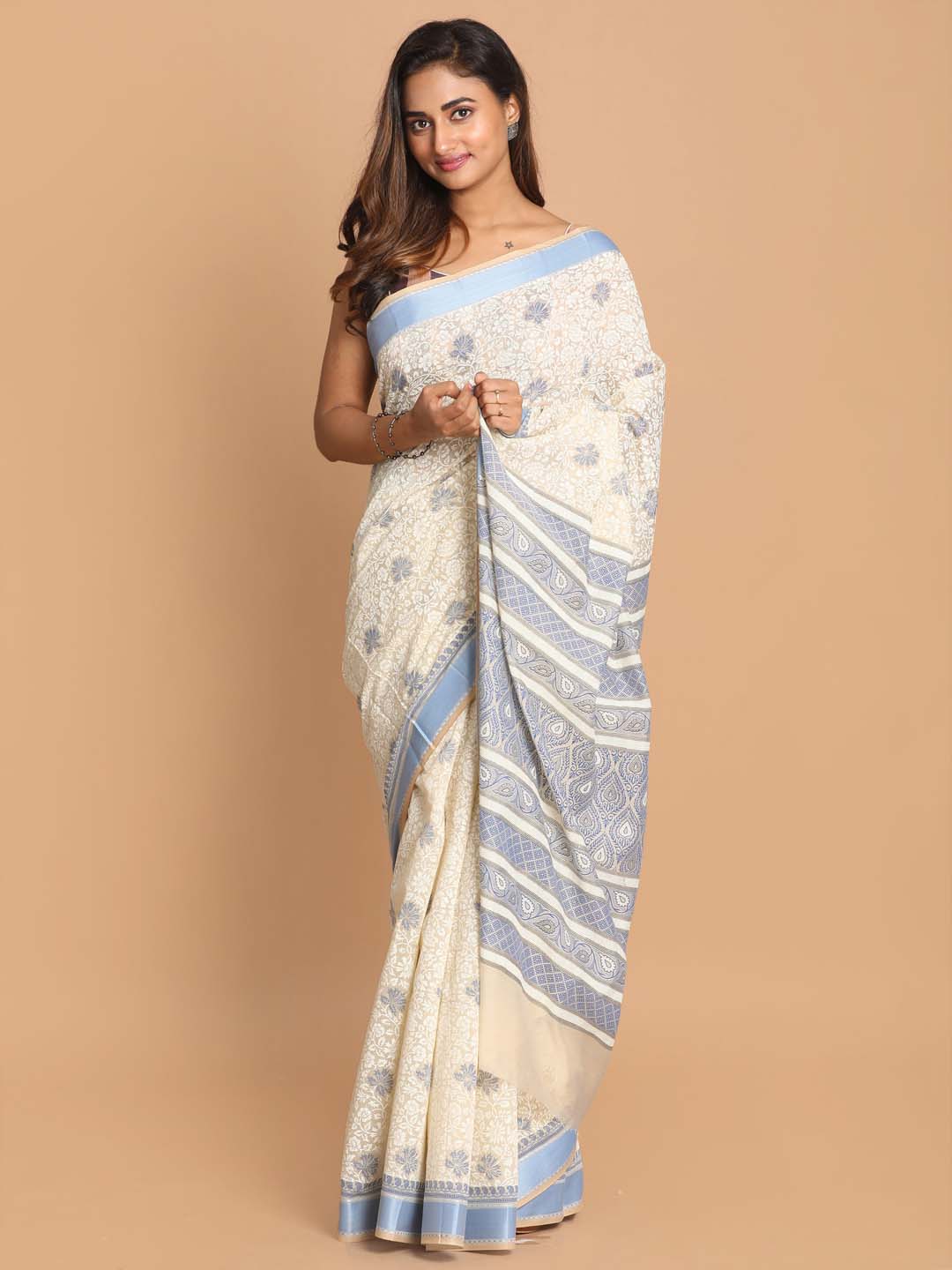 Indethnic Printed Cotton Blend Saree in Blue - View 1