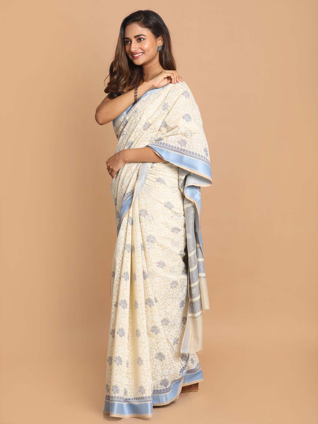 Indethnic Printed Cotton Blend Saree in Blue - View 2