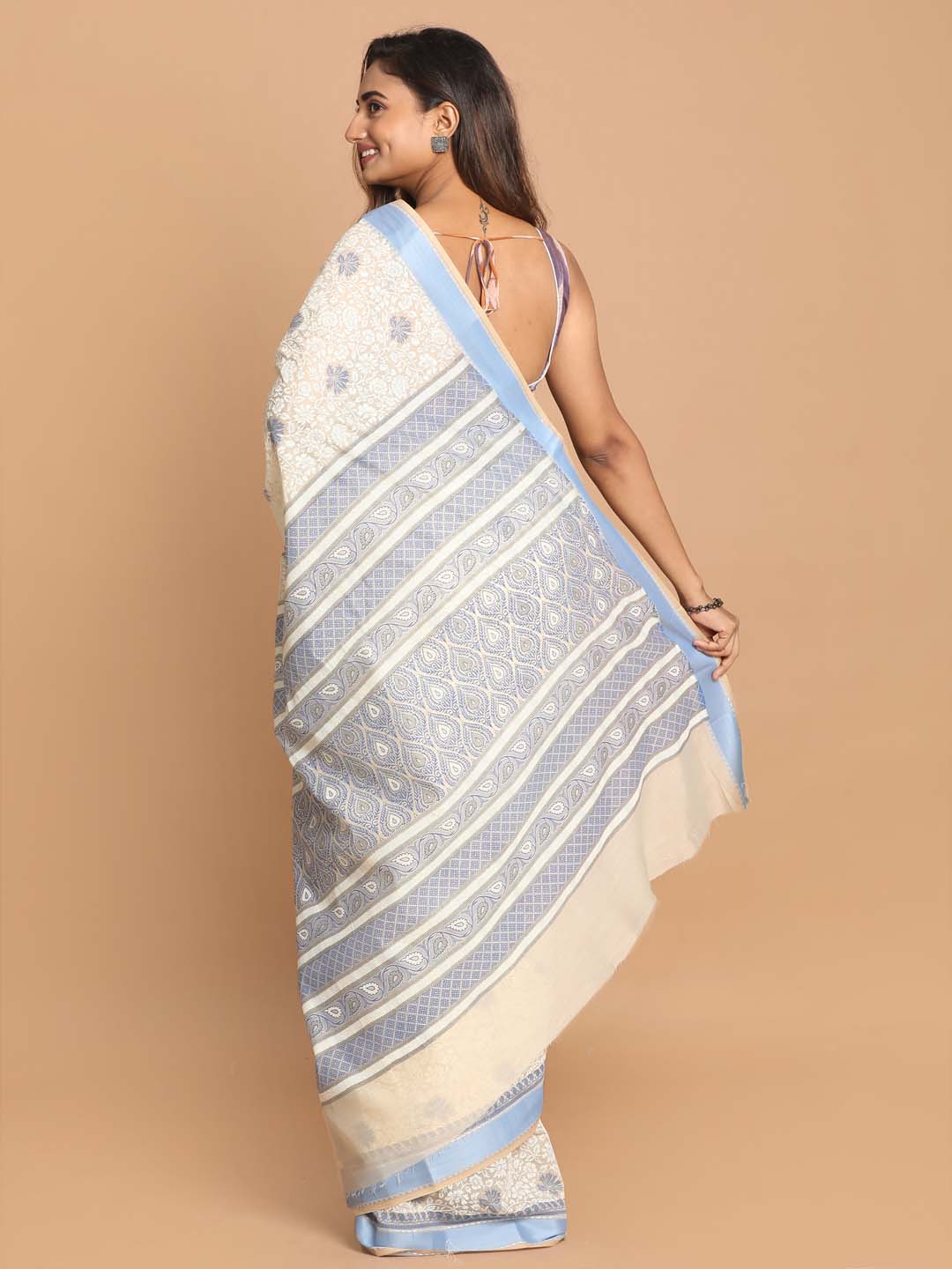 Indethnic Printed Cotton Blend Saree in Blue - View 3