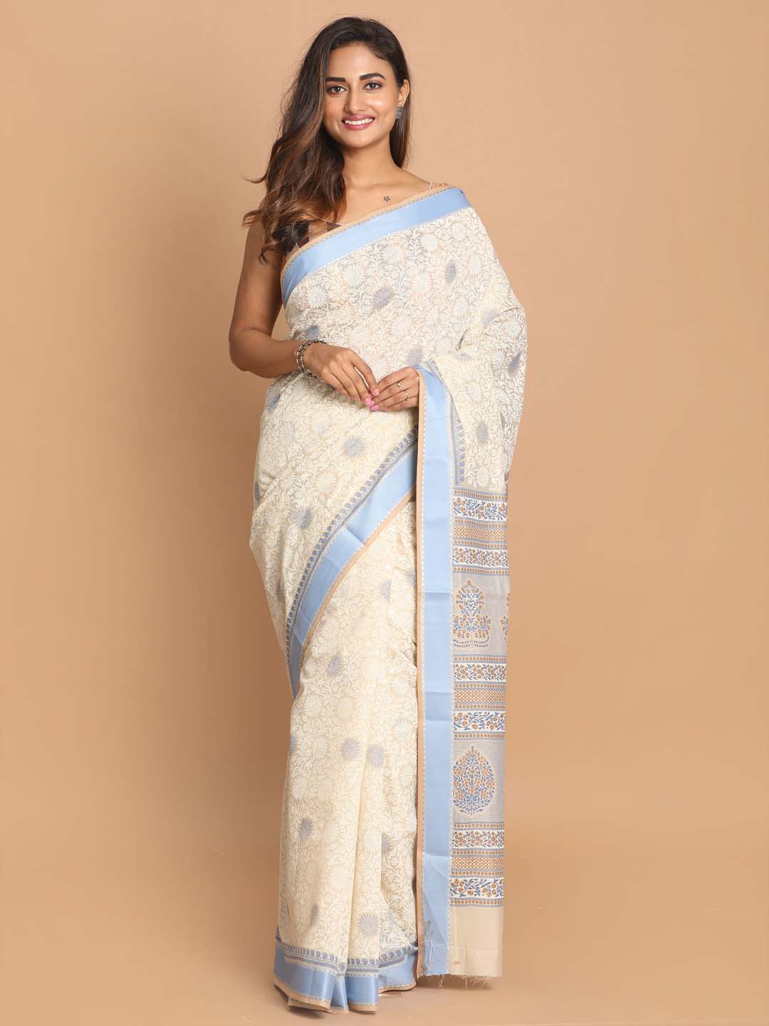 Indethnic Printed Cotton Blend Saree in Blue - View 1