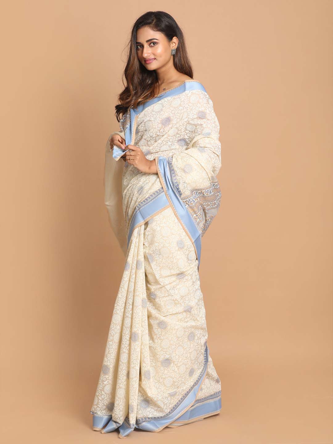 Indethnic Printed Cotton Blend Saree in Blue - View 2