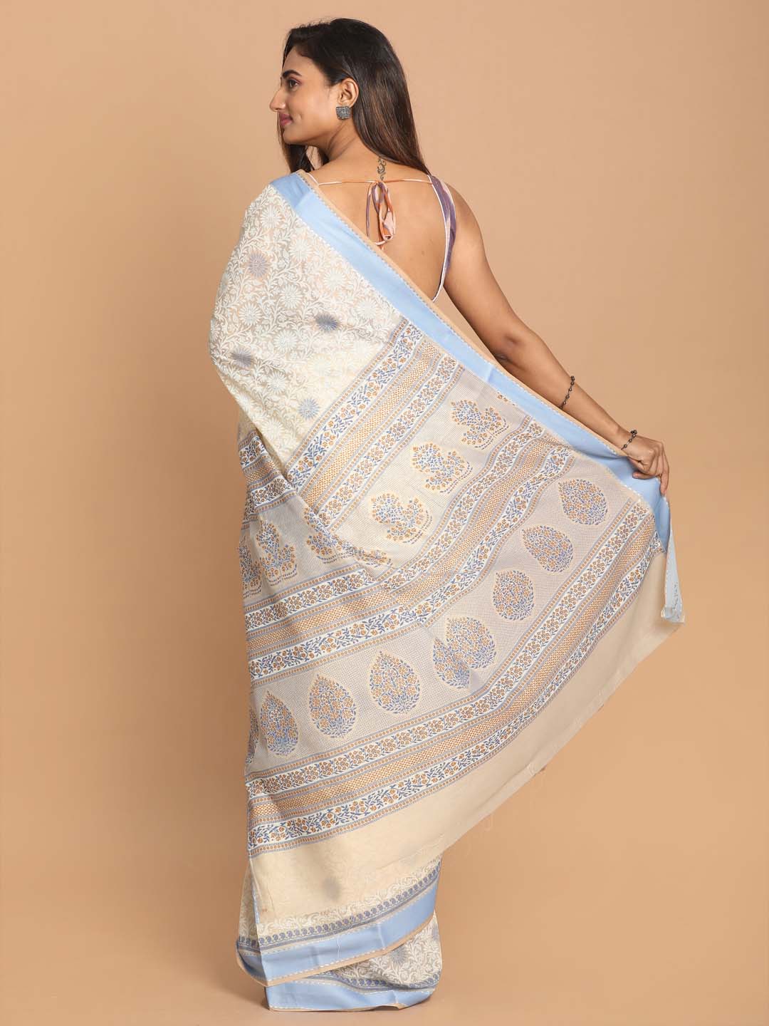 Indethnic Printed Cotton Blend Saree in Blue - View 3