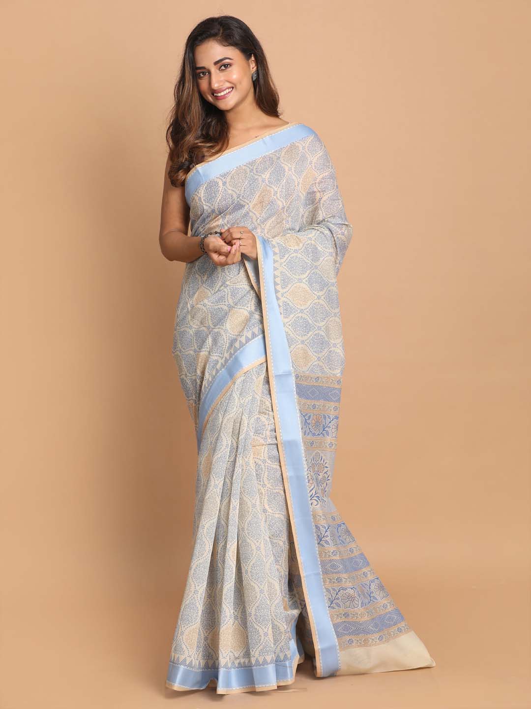 Indethnic Printed Cotton Blend Saree in Blue - View 1